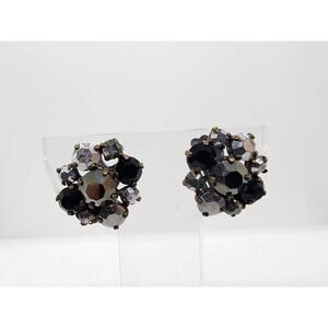 Vintage Black Gray AB Rhinestone Cluster Clip On Earrings Flower Beaded Stud